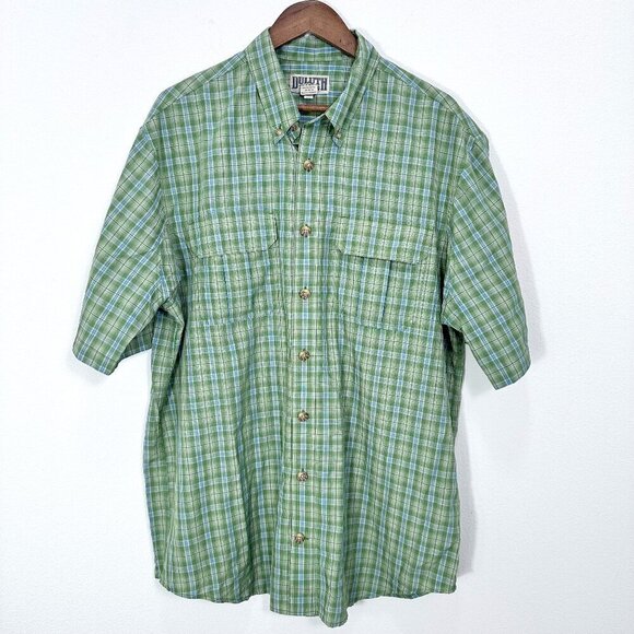 Duluth Trading Company Green Plaid Short Sleeve Button Down Casual Shirt Large T - Picture 1 of 6